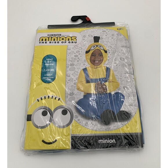 NEW MINION HALLOWEEN COSTUME INFANT 0 - 6 MTHS JUMPSUIT HOOD RISE OF GRU CHILD - Picture 1 of 5